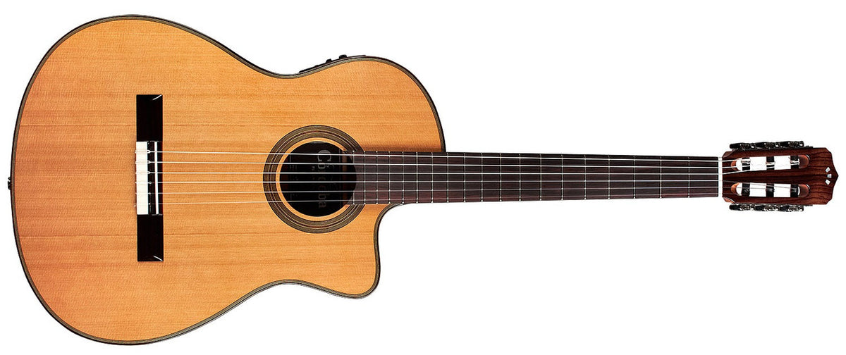 Cordoba Fusion 12 Natural CD, full front view with cedar top, cutaway and wooden rosette