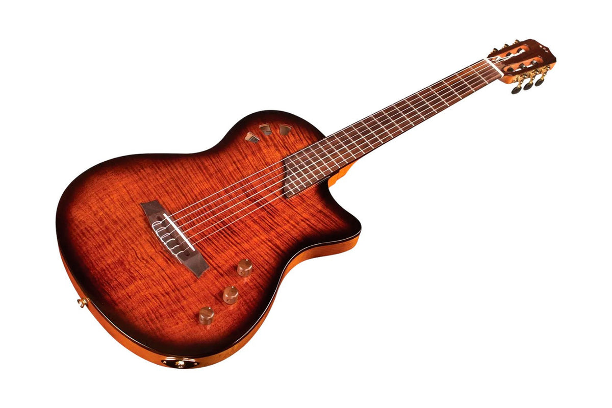 Cordoba Stage Edge Burst three-quarter front view showing the cutaway and control knobs