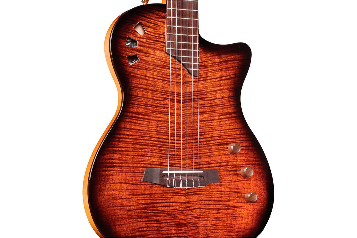 Cordoba Stage Edge Burst flamed maple top in Edge Burst, close-up of the body