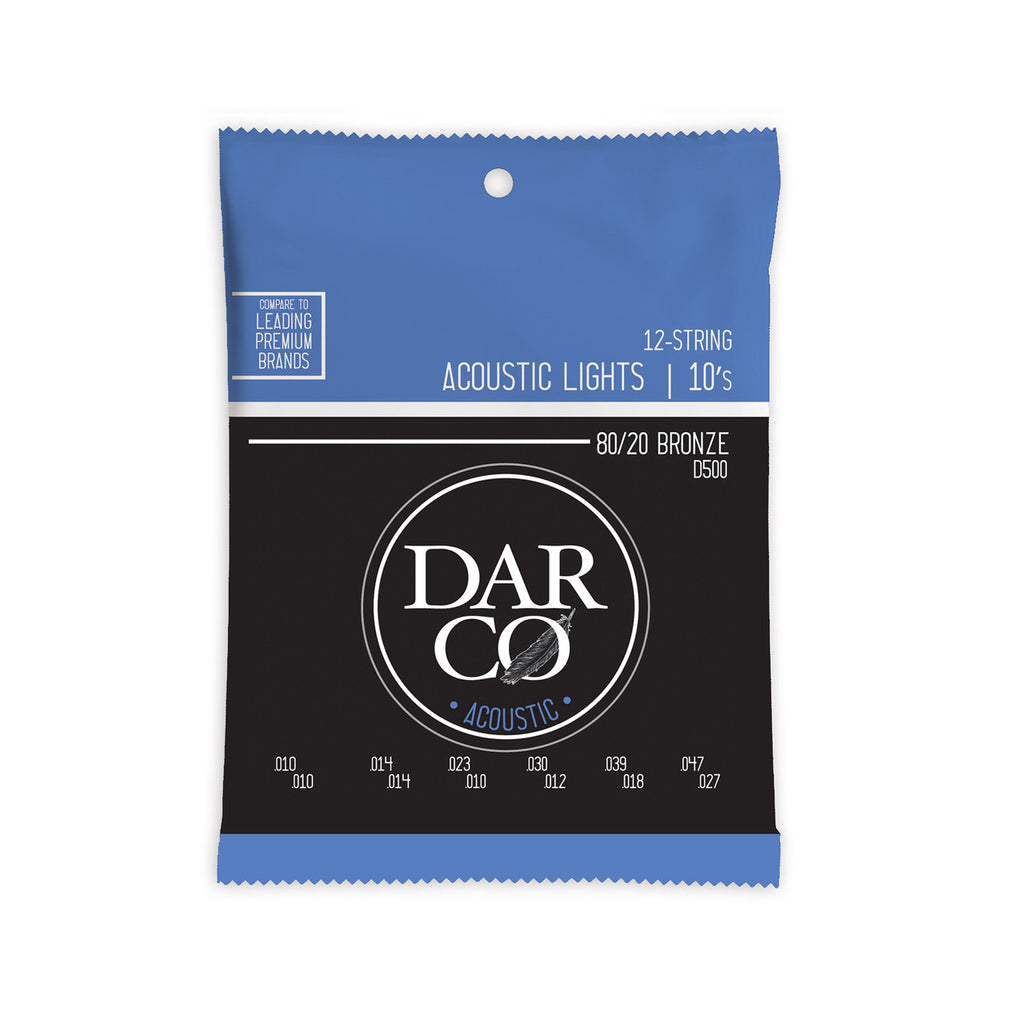 Darco D500 Acoustic Lights 12-string 80/20 bronze pack, blue and black envelope with the gauge list on the front