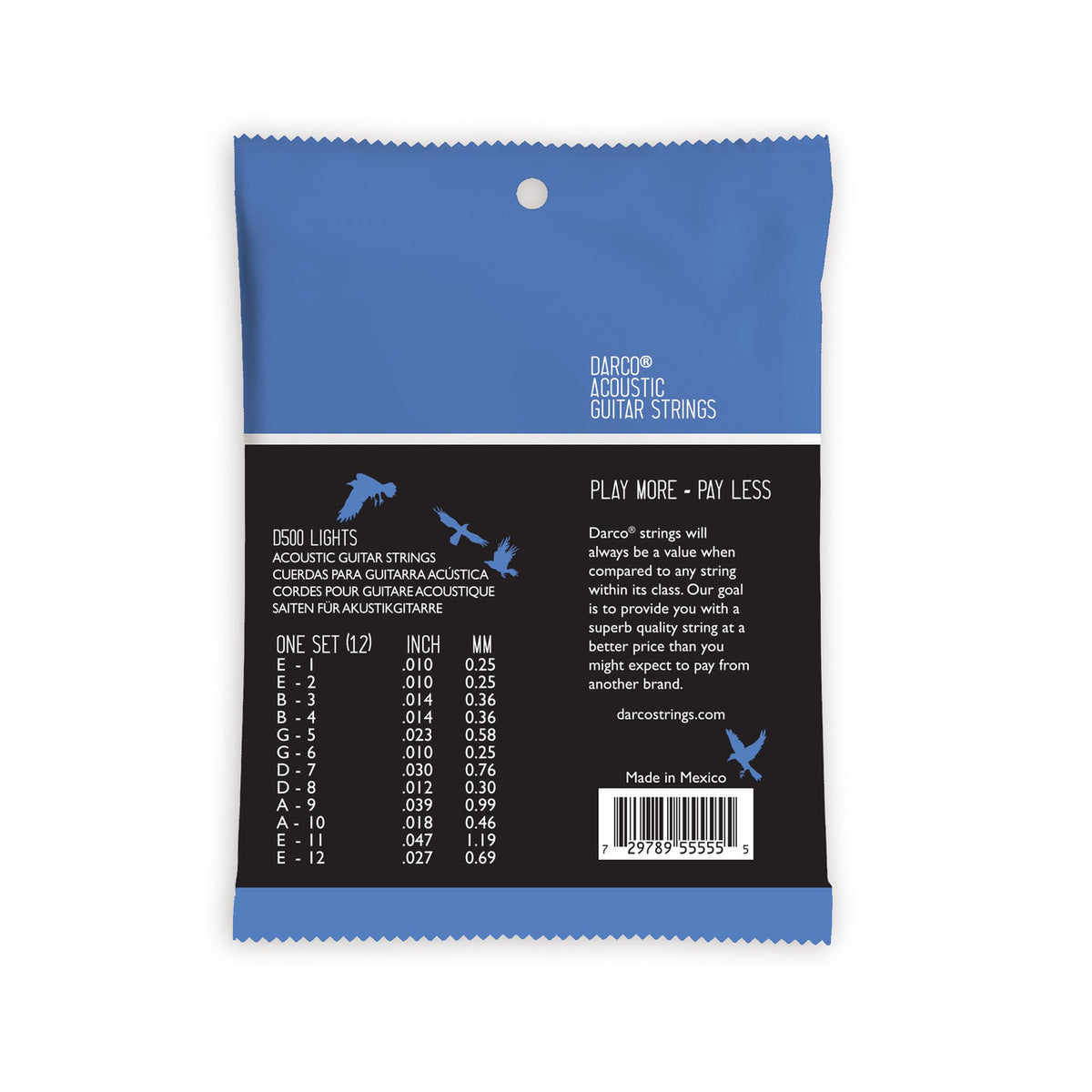 Back of the Darco D500 pack: gauge chart for all twelve strings in inches and millimetres, Made in Mexico