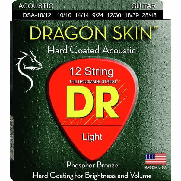 DR Dragon Skin DSA-10/12 Hard Coated Acoustic 12-string Light pack, green box with gauges printed across the top