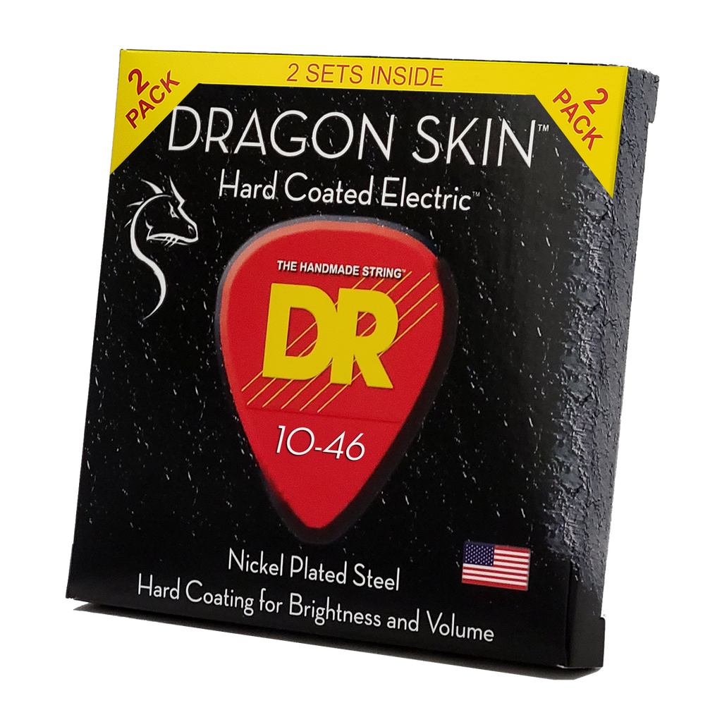 DR Dragon Skin DSE-2/10 2-pack box at an angle, black box with red DR pick logo and 10-46 gauge