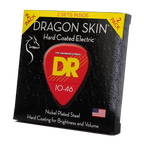 DR Dragon Skin DSE-2/10 2-pack box at an angle, black box with red DR pick logo and 10-46 gauge
