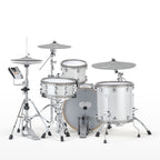 EFNOTE Aura 70 electronic drum kit in White Sparkle, drummer's-eye view with Aura module and refined cymbals