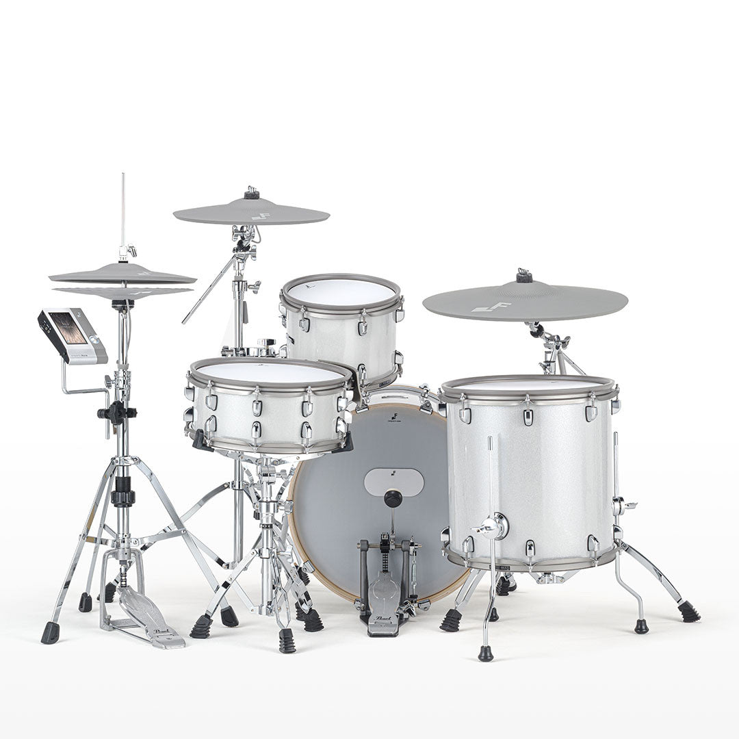 EFNOTE Aura 70 electronic drum kit in White Sparkle, drummer's-eye view with Aura module and refined cymbals