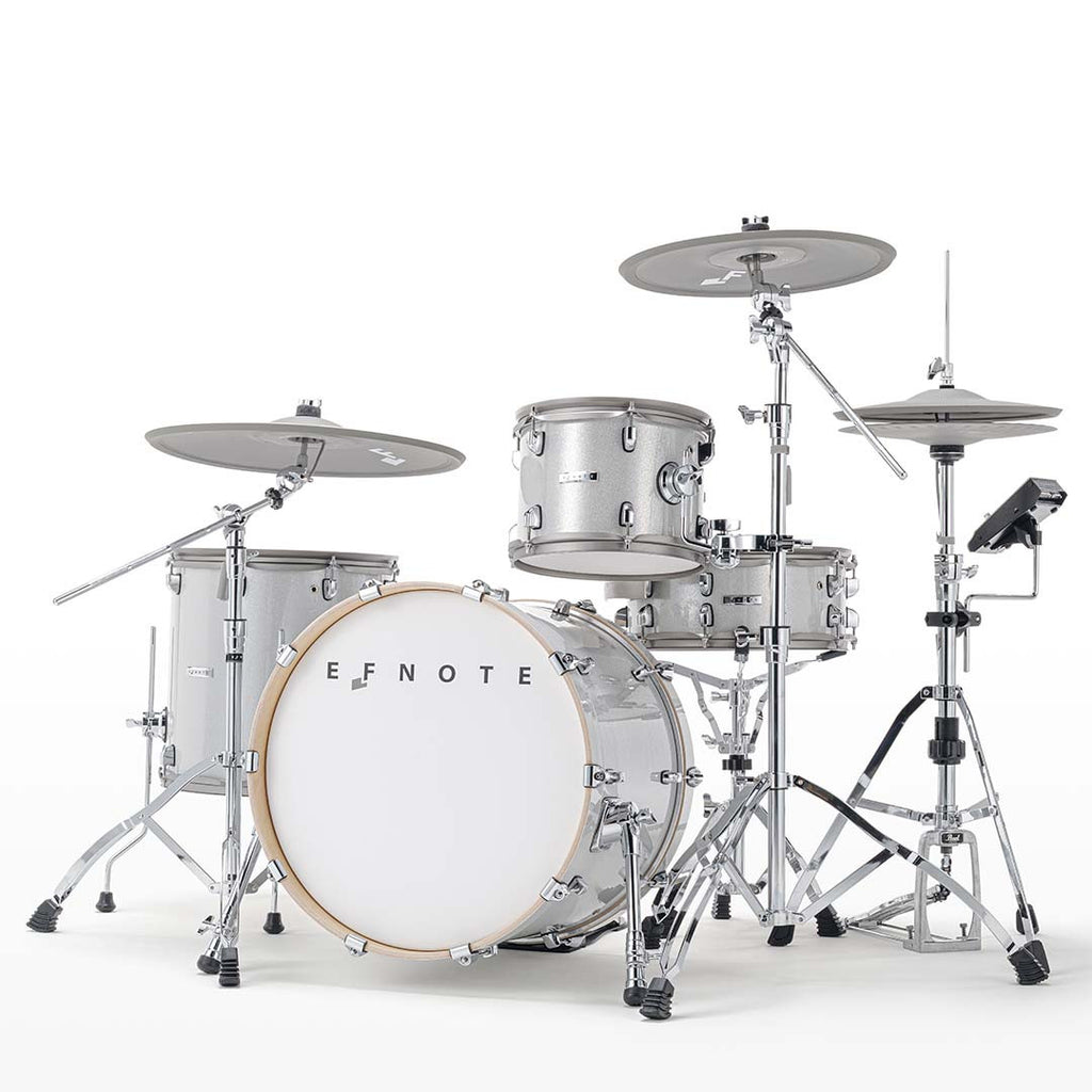 EFNOTE Aura 70 from the audience side showing the 20 inch kick drum with wooden hoop and EFNOTE logo head