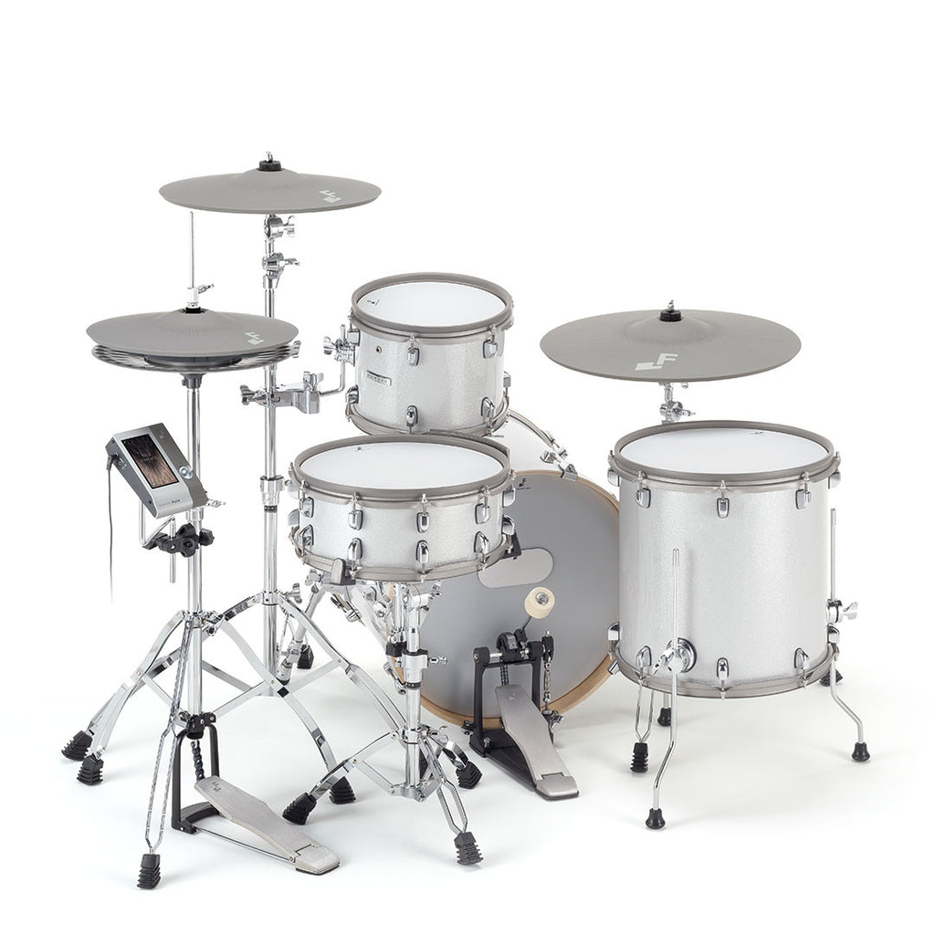 EFNOTE Aura 70 full-size electronic kit from a three-quarter angle with snare, toms and three cymbals