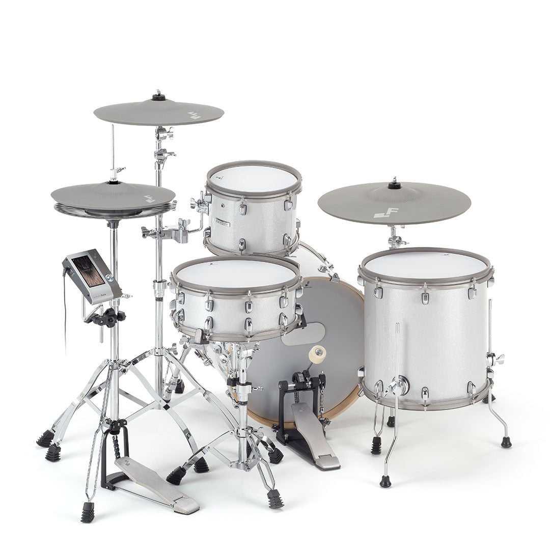 EFNOTE Aura 70 full-size electronic kit from a three-quarter angle with snare, toms and three cymbals