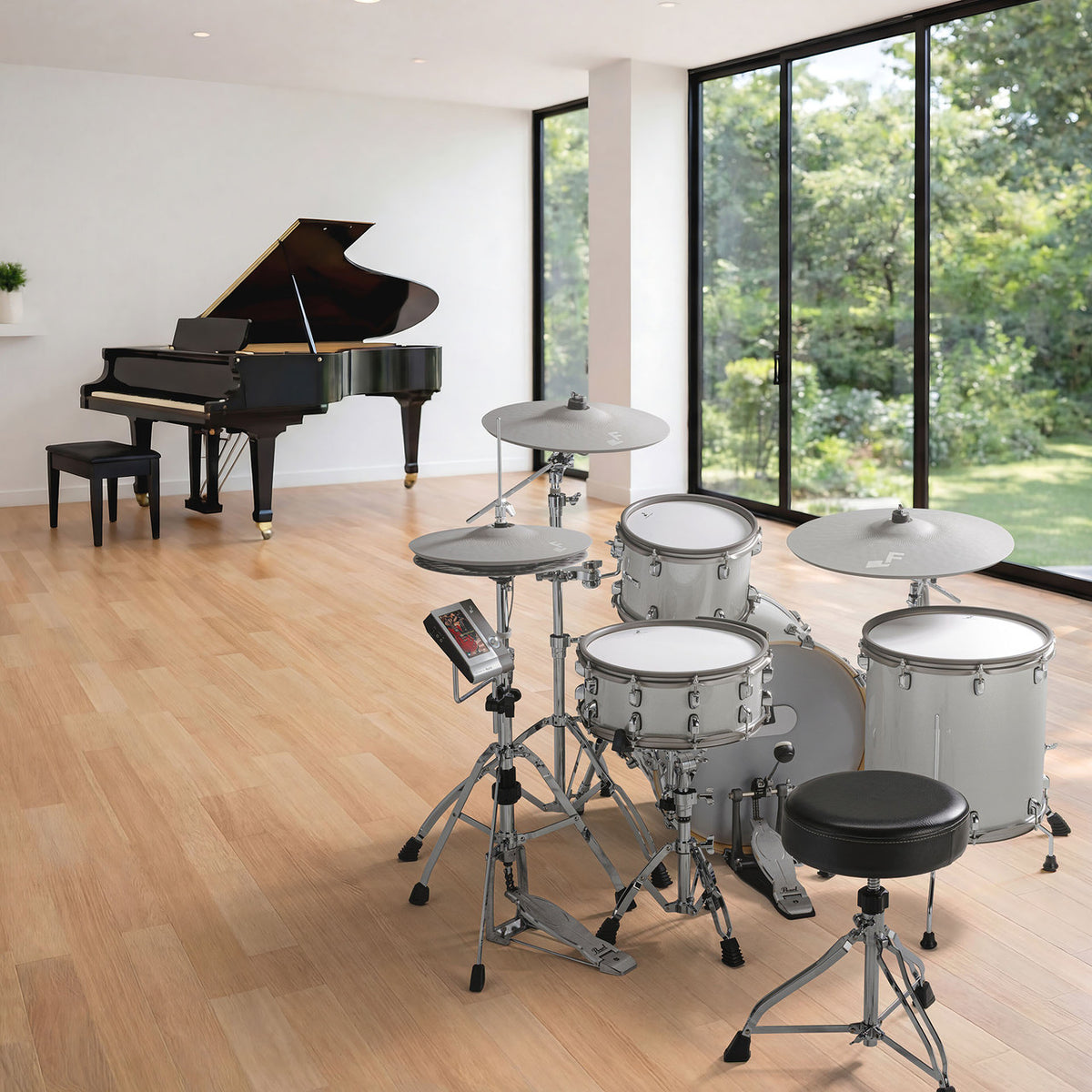 EFNOTE Aura 70 electronic drum kit set up in a living room beside a grand piano