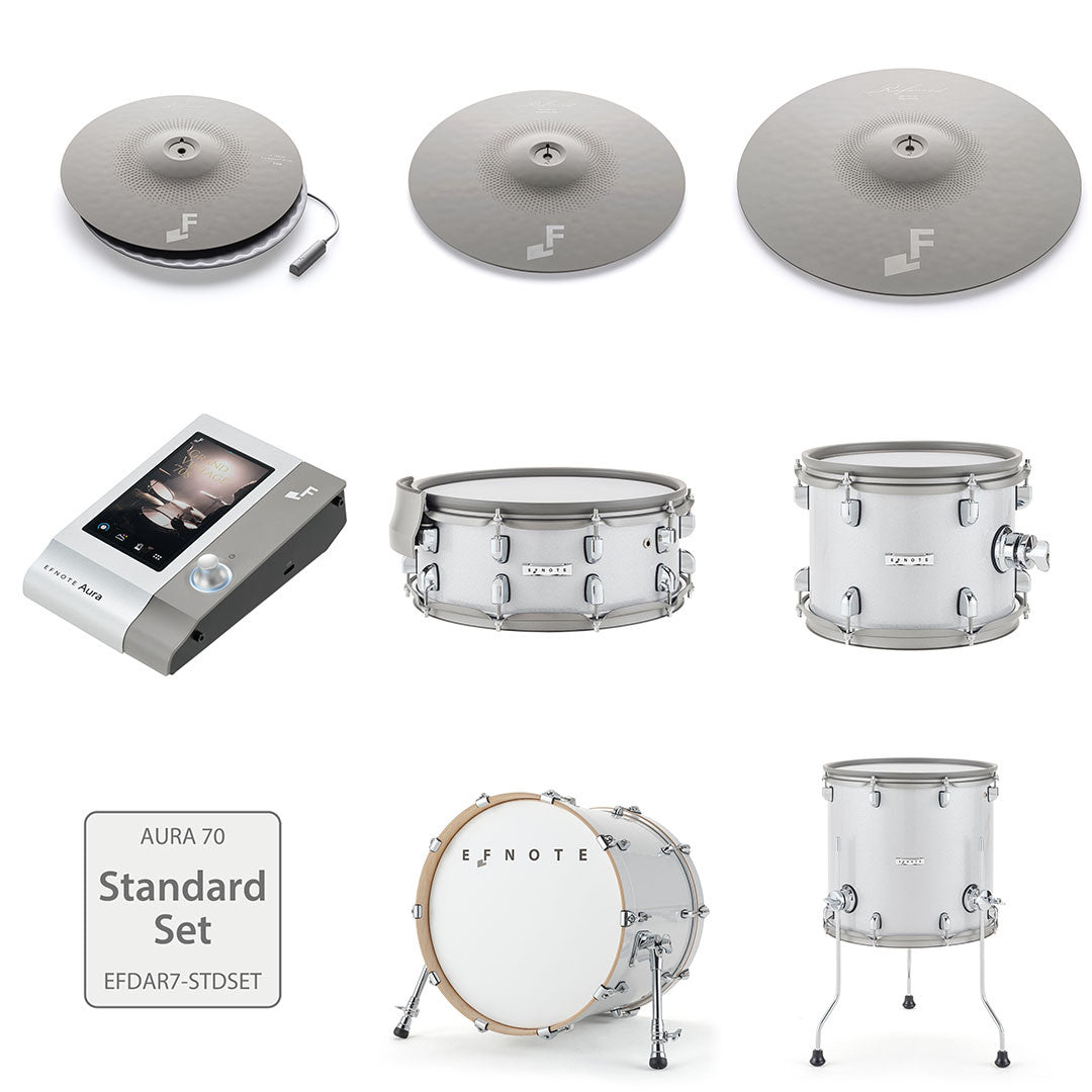 EFNOTE Aura 70 Standard Set contents: Aura module, kick, snare, rack tom, floor tom, hi-hat, crash and ride