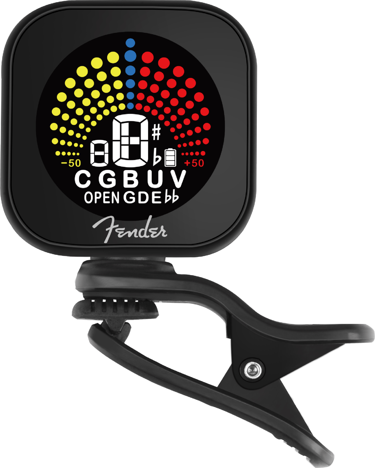 Fender Flash 2.0 rechargeable clip-on tuner, front view