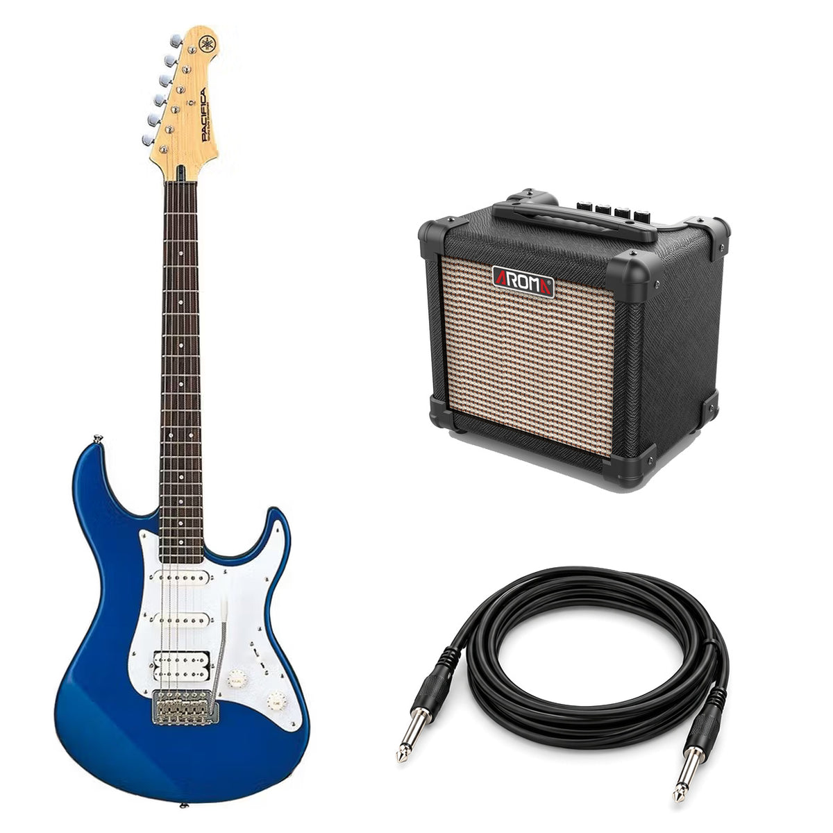 Yamaha Pacifica PAC012 Blue beginner pack with Aroma AG10BK amp and a representative black instrument lead