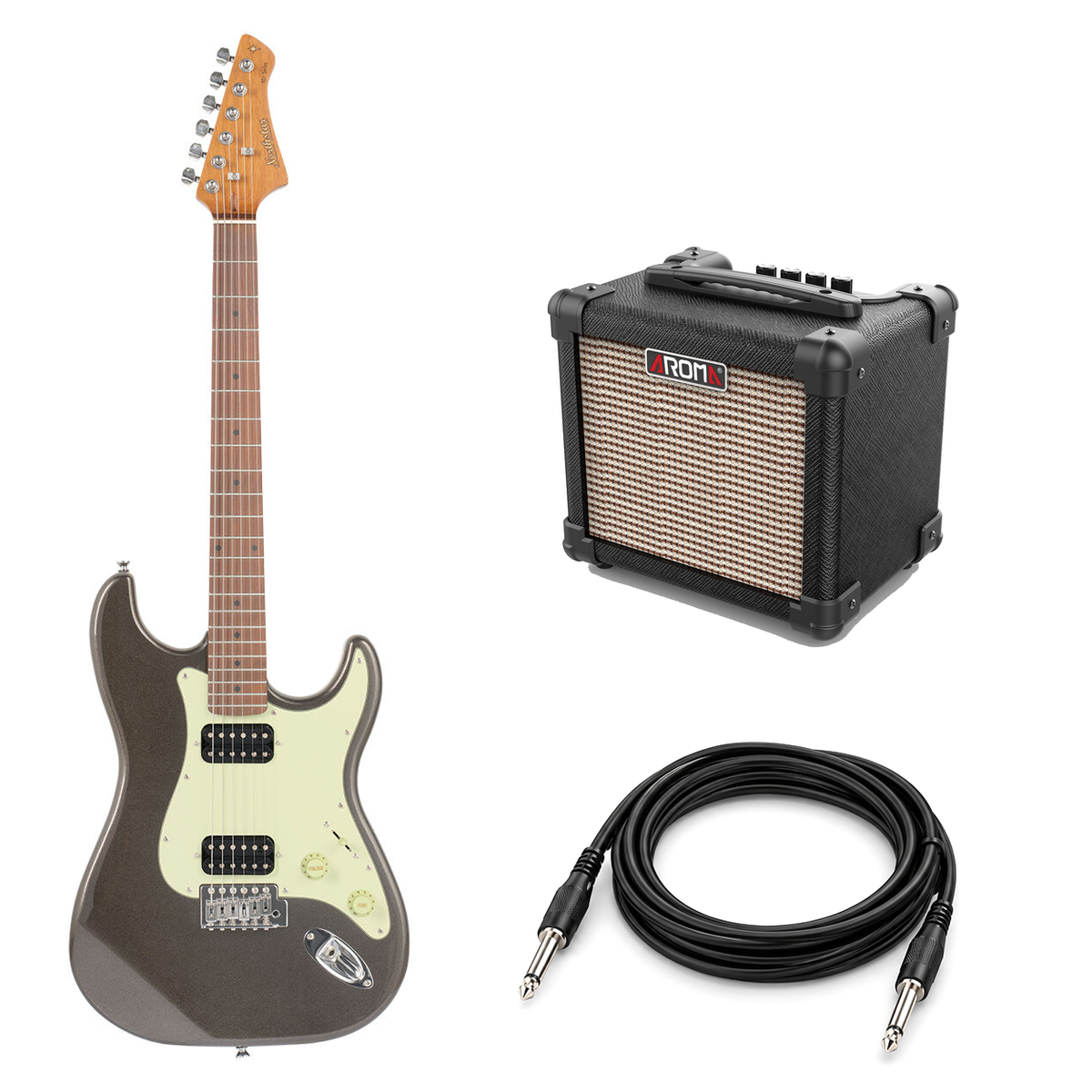 Northstar S-style HH Charcoal Frost beginner pack with Aroma AG10BK amp and a black 10ft instrument lead