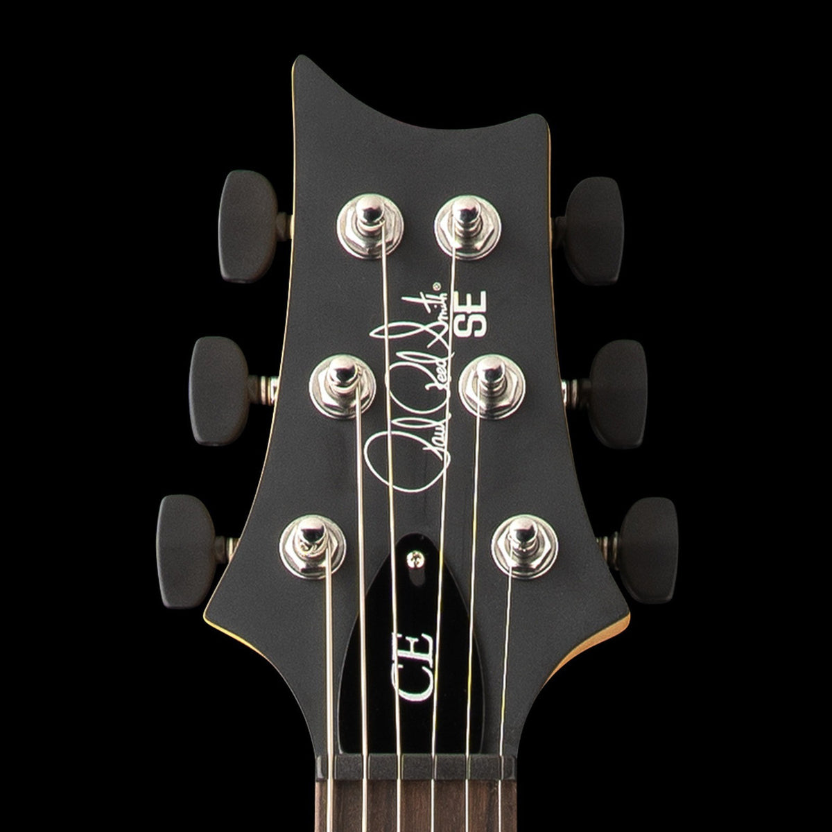 Black PRS SE CE 24 Standard headstock with black wing-button tuners and CE truss rod cover