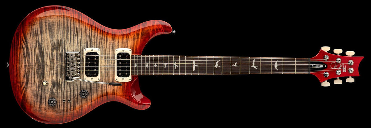 PRS SE Custom 24-08 in Charcoal Cherry Burst, full front view with flame maple top, cream pickup rings and red headstock