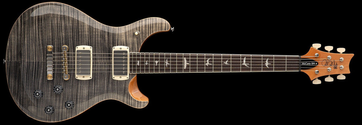 PRS SE McCarty 594 in Charcoal, full front view with flame maple top, covered humbuckers and four control knobs