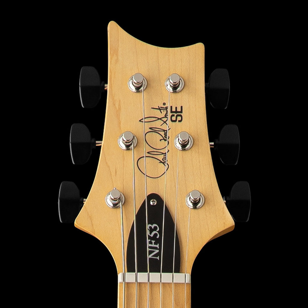 Natural maple PRS SE NF 53 headstock with black wing-button tuners and NF53 truss rod cover