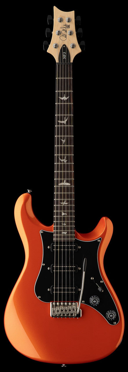 PRS SE NF3 in Metallic Orange standing upright, showing the full body, neck and headstock