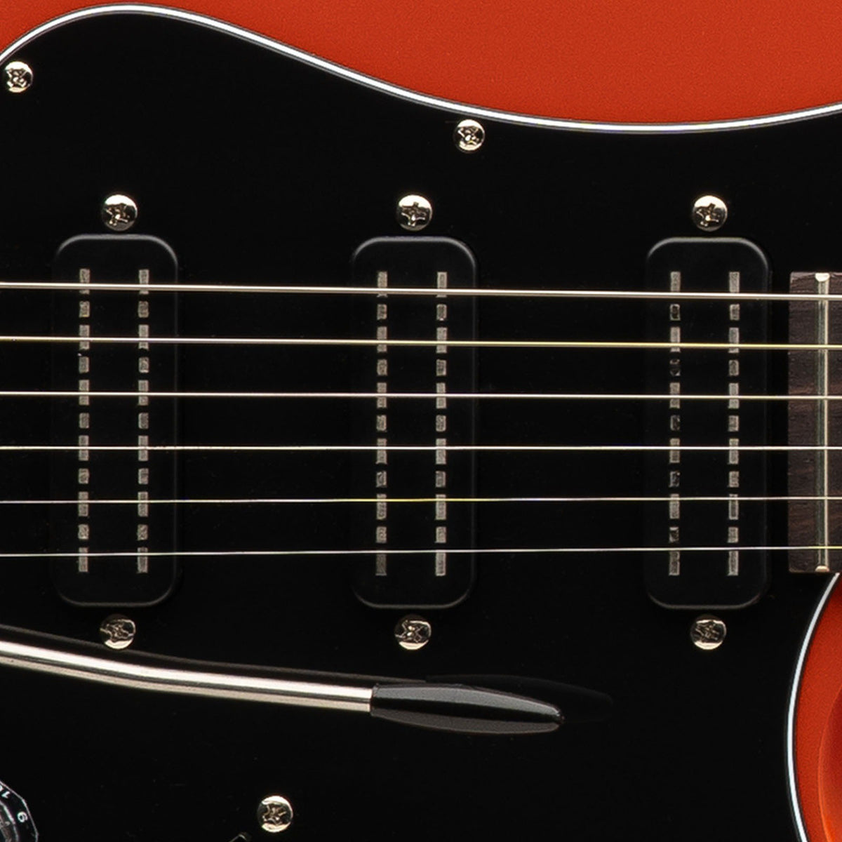 Three Narrowfield DD S pickups on the black pickguard of the SE NF3 in Metallic Orange