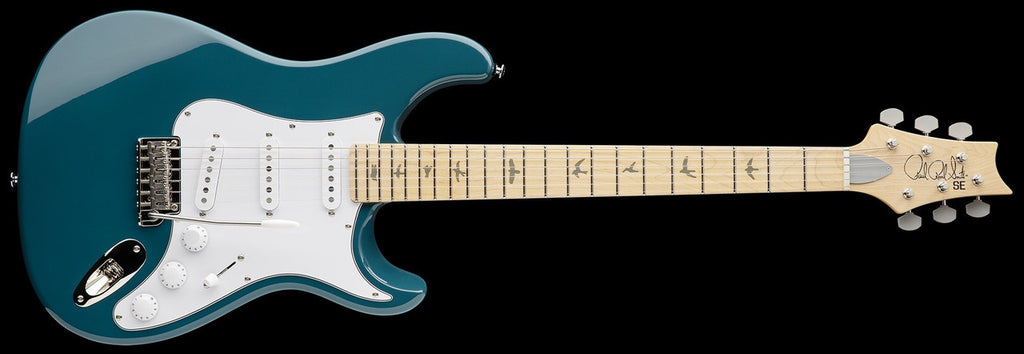 PRS SE Silver Sky Maple in Nylon Blue, full front view with white pickguard, maple fretboard and bird inlays