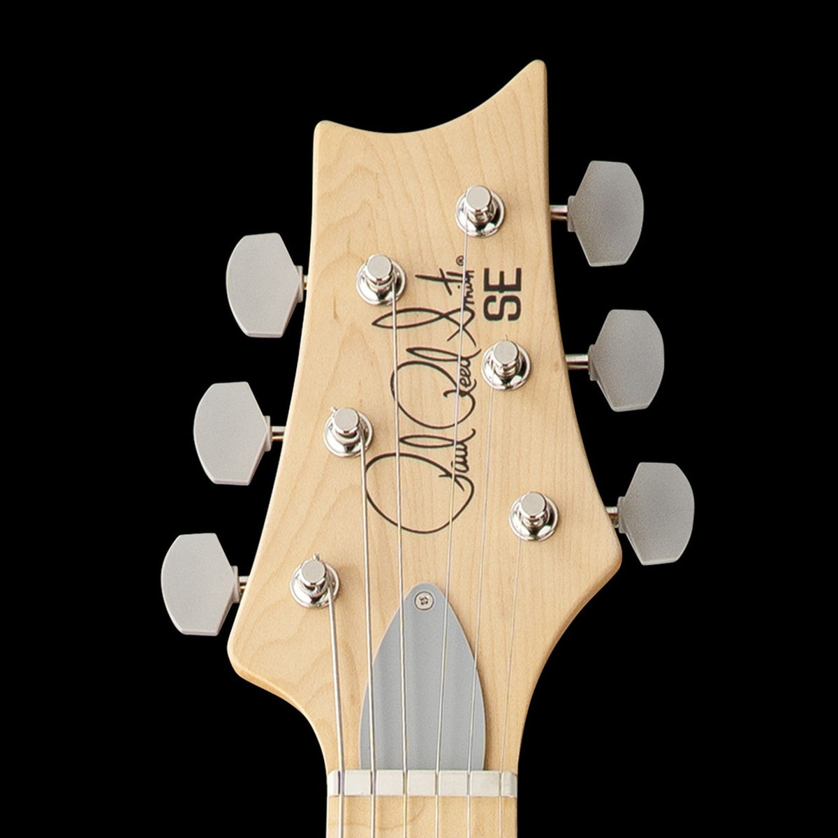 Natural maple PRS SE Silver Sky headstock with vintage-style tuners and Paul Reed Smith signature