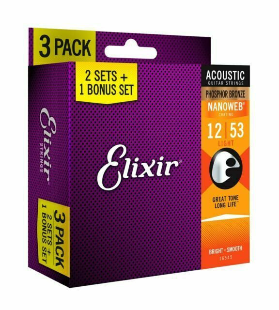 Elixir Nanoweb PB 12-53 3Pack Light Acoustic Guitar Strings