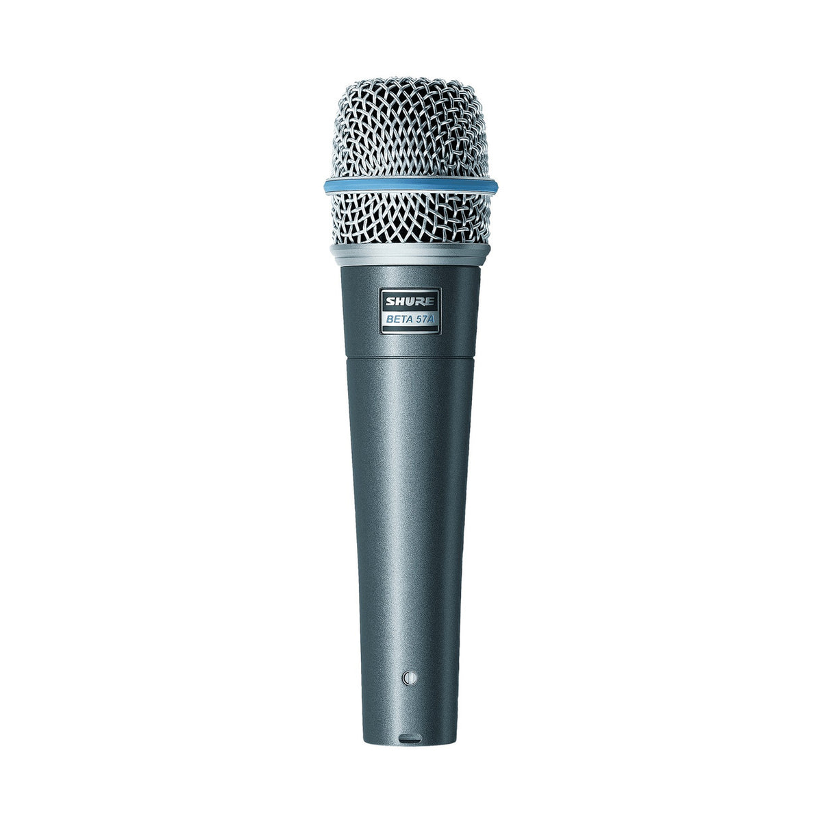 Shure Beta 57A supercardioid dynamic instrument microphone, front view with silver-blue body and steel mesh grille