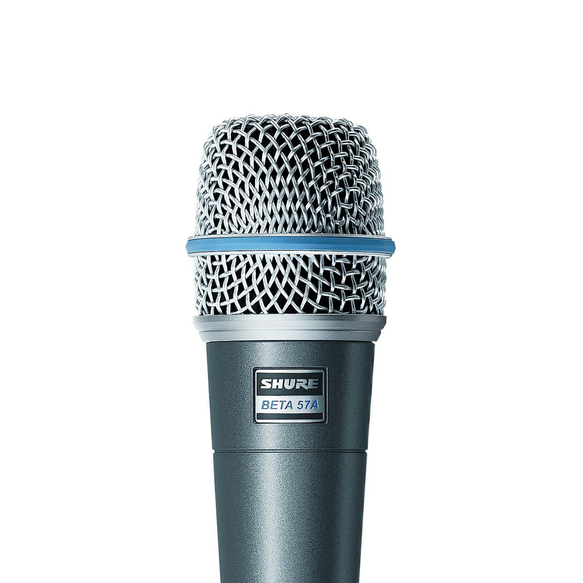 Shure Beta 57A close-up of the hardened steel mesh grille and Beta 57A badge