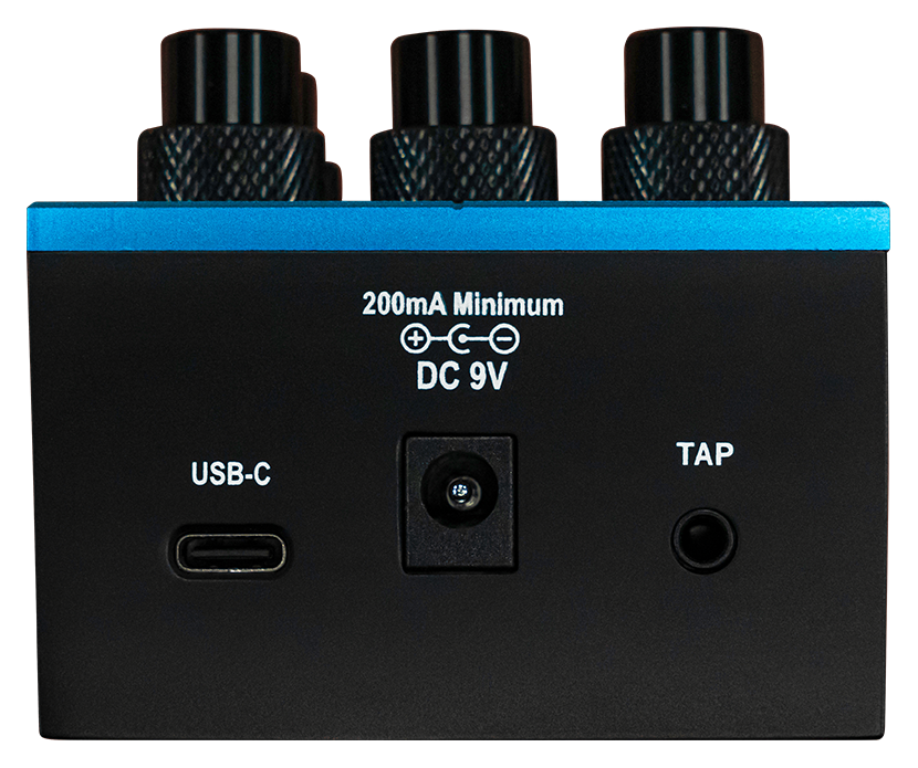 Solar CHUG SOLO rear panel with USB-C, 9V DC power inlet and the 3.5 mm tap tempo jack