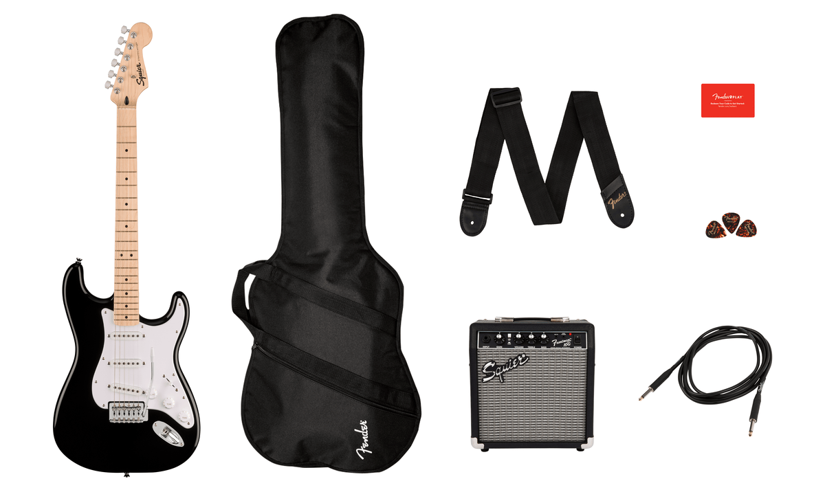 Squier Sonic Stratocaster Pack Black with maple fingerboard, Frontman 10G amp, gig bag, strap, cable and picks