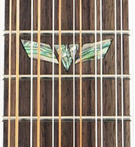 Abalone reversed mountain inlay at the twelfth fret of the bound laurel fingerboard on the Takamine GJ72CE-12 NAT