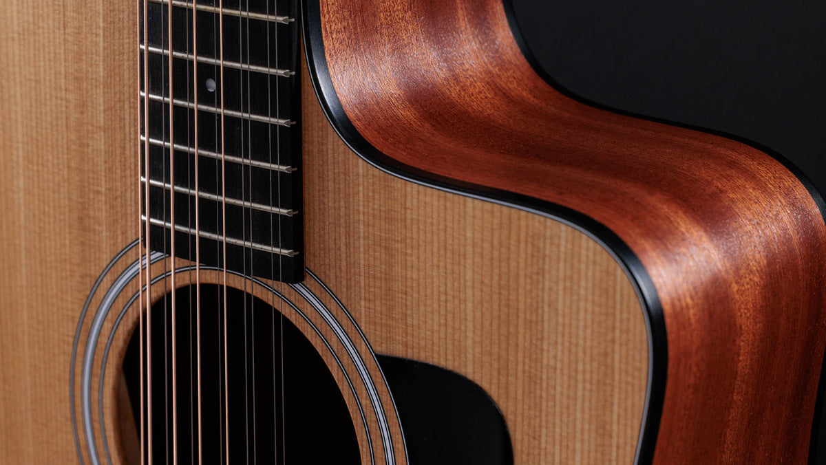 Venetian cutaway and layered sapele side meeting the spruce top of the Taylor 150ce