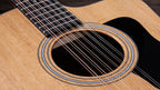 Twelve strings running over the soundhole and multi-ring rosette of the Taylor 150ce